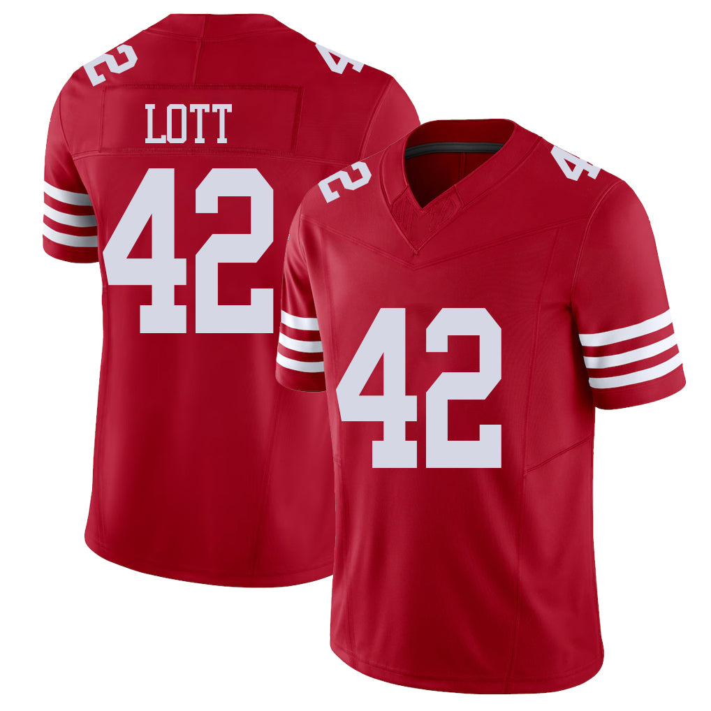 San Francisco #42 Lott Player Football V Neck Short Sleeve Scarlet Jersey Ronnie For Men Youth Women Gift