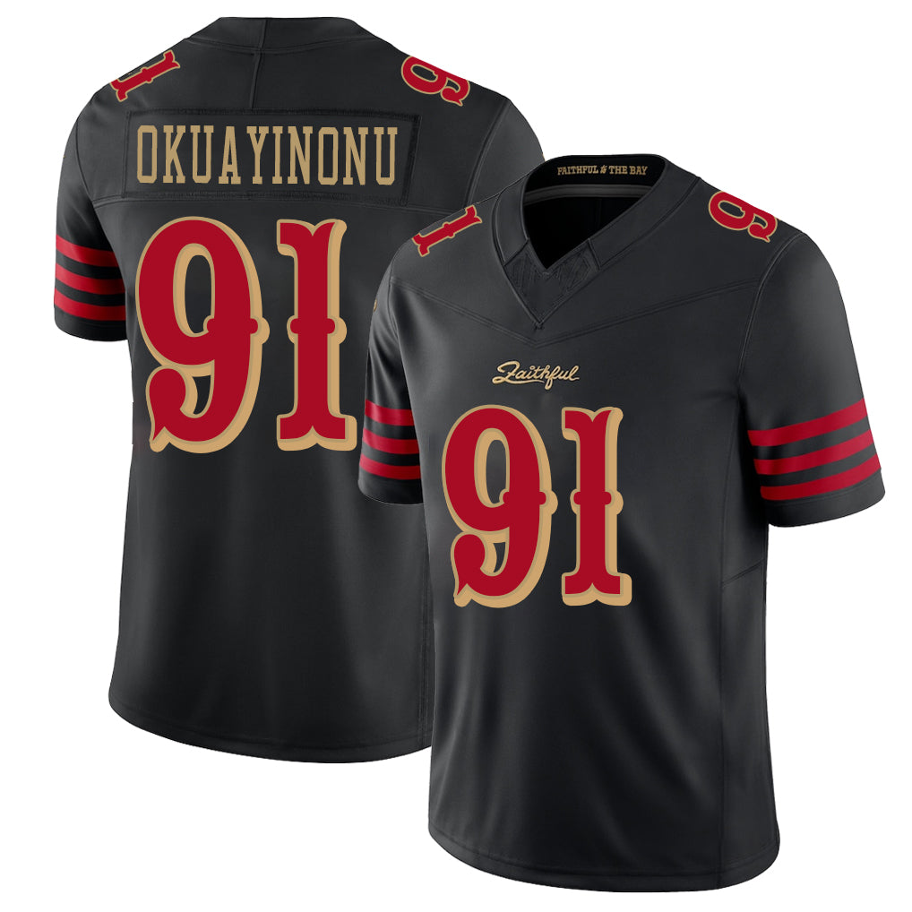 San Francisco #91 Okuayinonu Player Football V Neck Short Sleeve Black Jersey Sam For Men Youth Women Gift