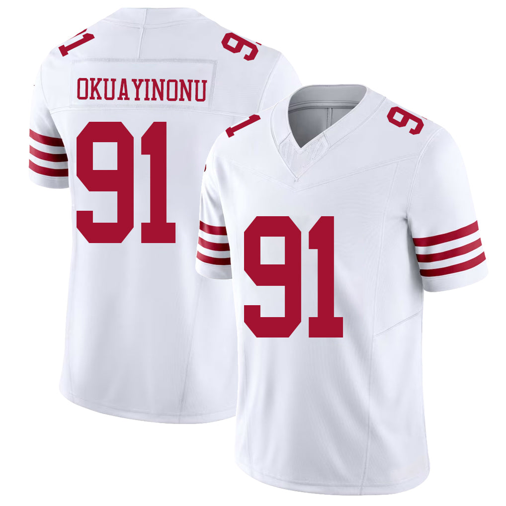 San Francisco #91 Okuayinonu Player Football V Neck Short Sleeve White Jersey Sam For Men Youth Women Gift