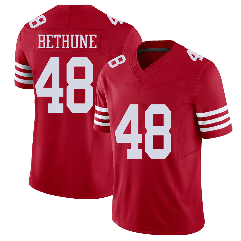 San Francisco #48 Bethune Player Football V Neck Short Sleeve Scarlet Jersey Tatum For Men Youth Women Gift