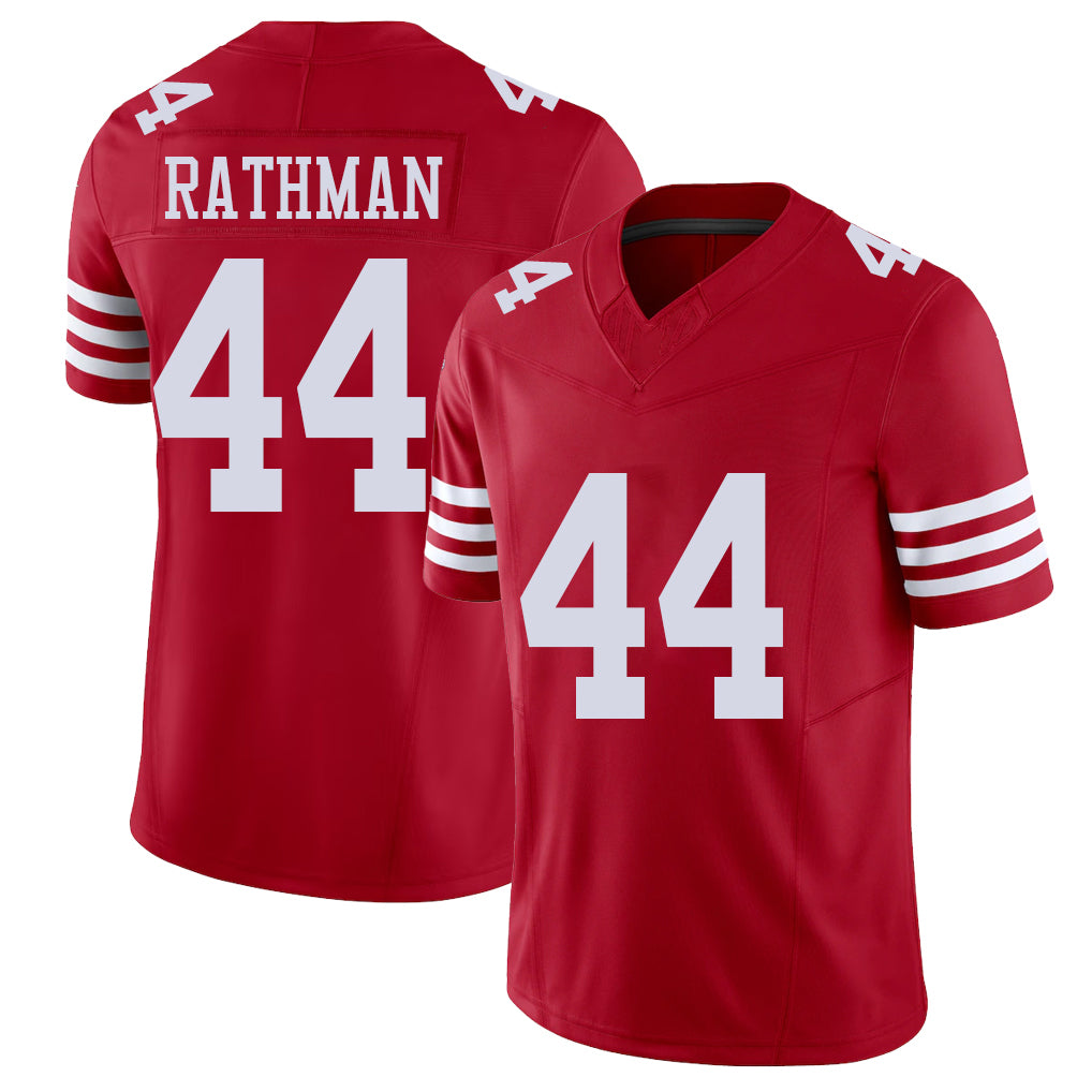 San Francisco #44 Rathman Player Football V Neck Short Sleeve Scarlet Jersey Tom For Men Youth Women Gift