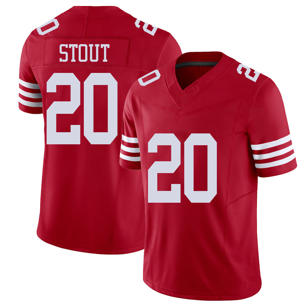 San Francisco #20 Stout Player Football V Neck Short Sleeve Scarlet Jersey Upton For Men Youth Women Gift