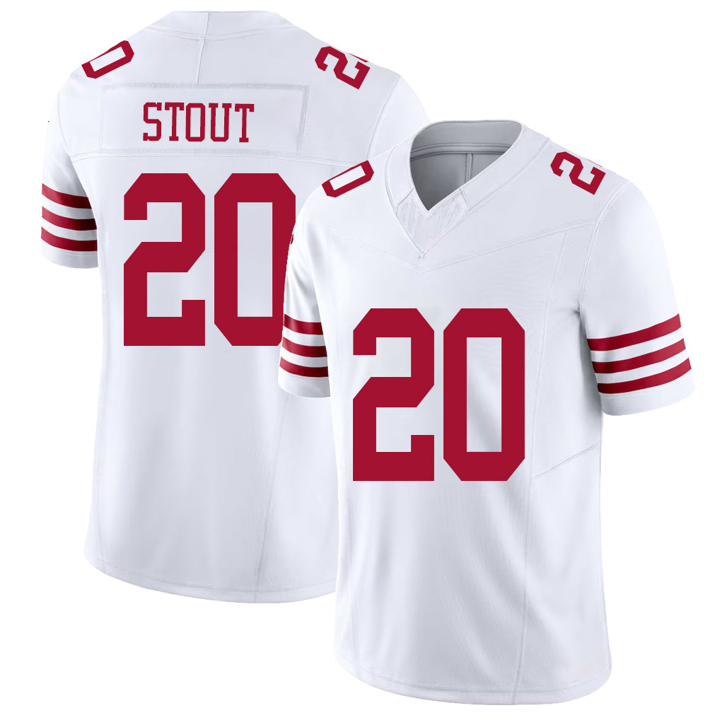 San Francisco #20 Stout Player Football V Neck Short Sleeve White Jersey Upton For Men Youth Women Gift