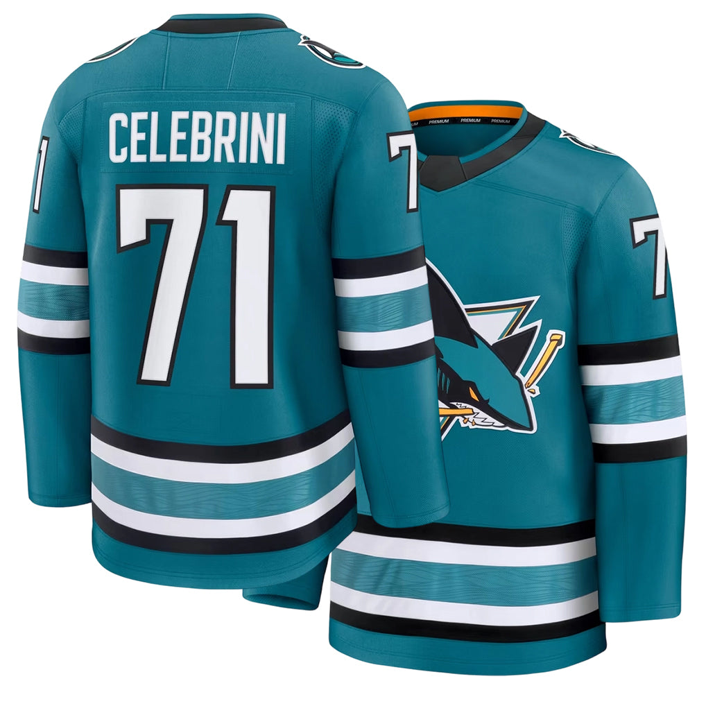 Mens San Jose #71 Celebrini Player Ice hockey Long Sleeve Teal Macklin Jersey