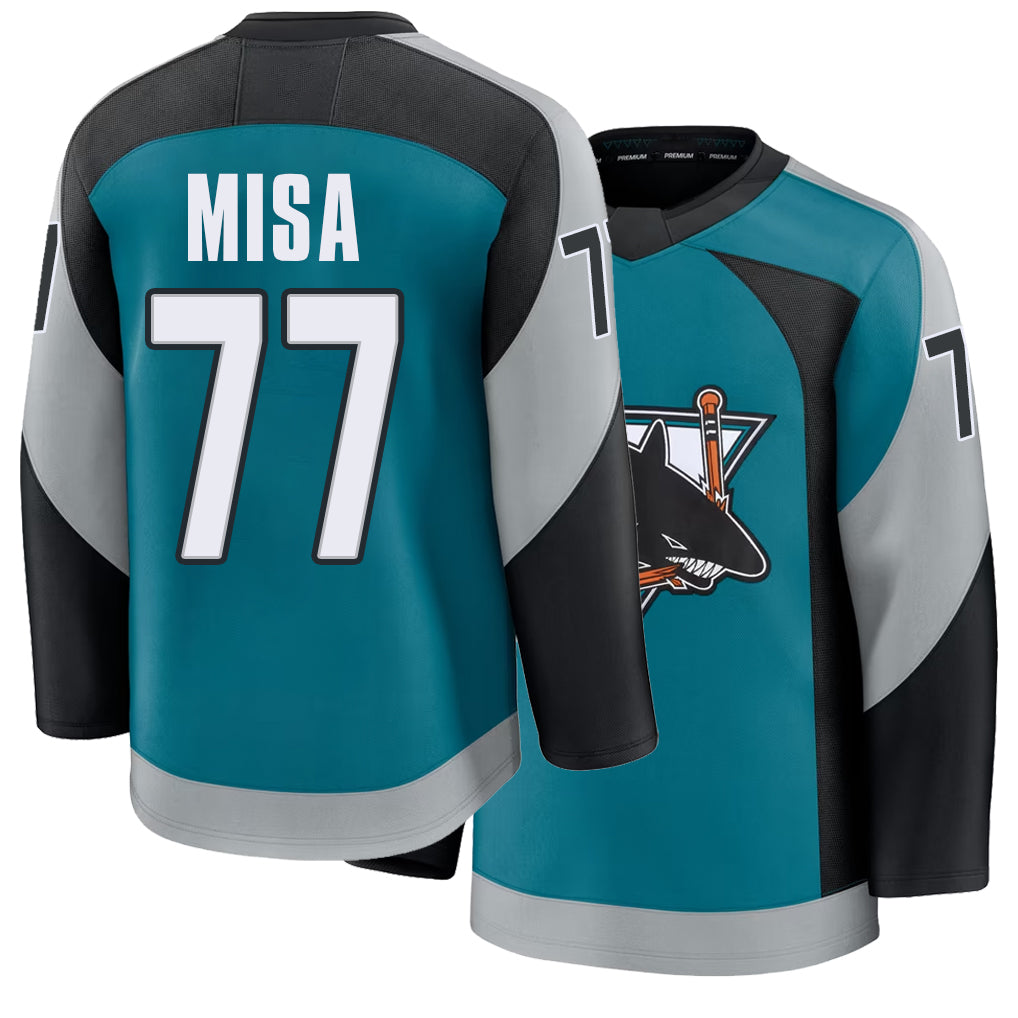Mens San Jose #77 Misa Player Ice hockey Long Sleeve Teal Michael Jersey