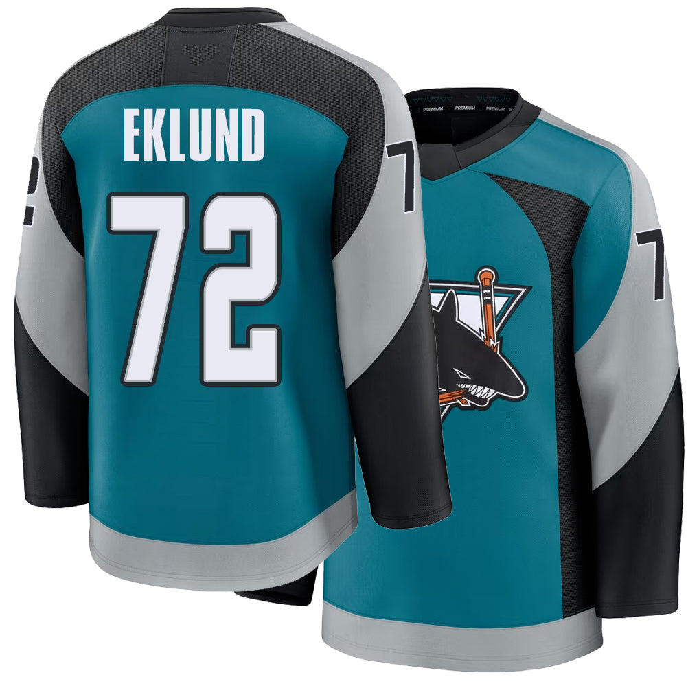 Mens San Jose #72 Eklund Player Ice hockey Long Sleeve Teal William Jersey