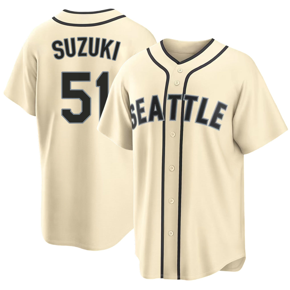 Seattle #51 Suzuki Player Baseball Short Sleeve Cream Jersey Ichiro For Men Women Youth Gift