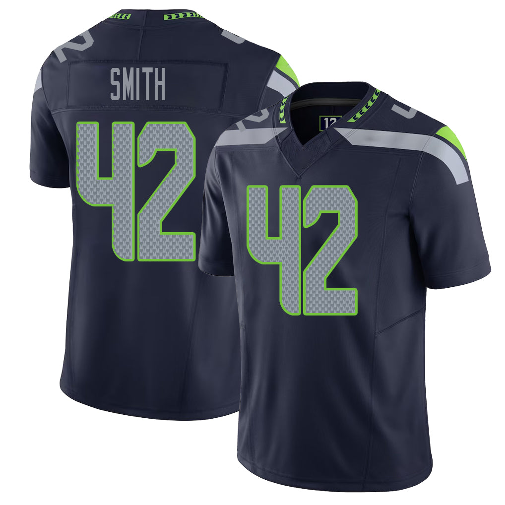 Seattle #42 Smith Player Football V Neck Short Sleeve Navy Jersey Aaron For Men Youth Women Gift