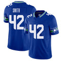 Seattle #42 Smith Player Football V Neck Short Sleeve Royal Jersey Aaron For Men Youth Women Gift
