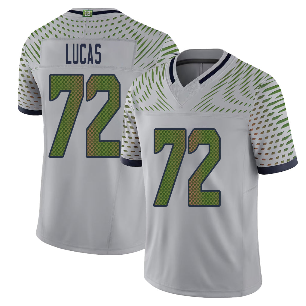 Seattle #72 Lucas Player Football V Neck Short Sleeve Gray Jersey Abraham For Men Youth Women Gift