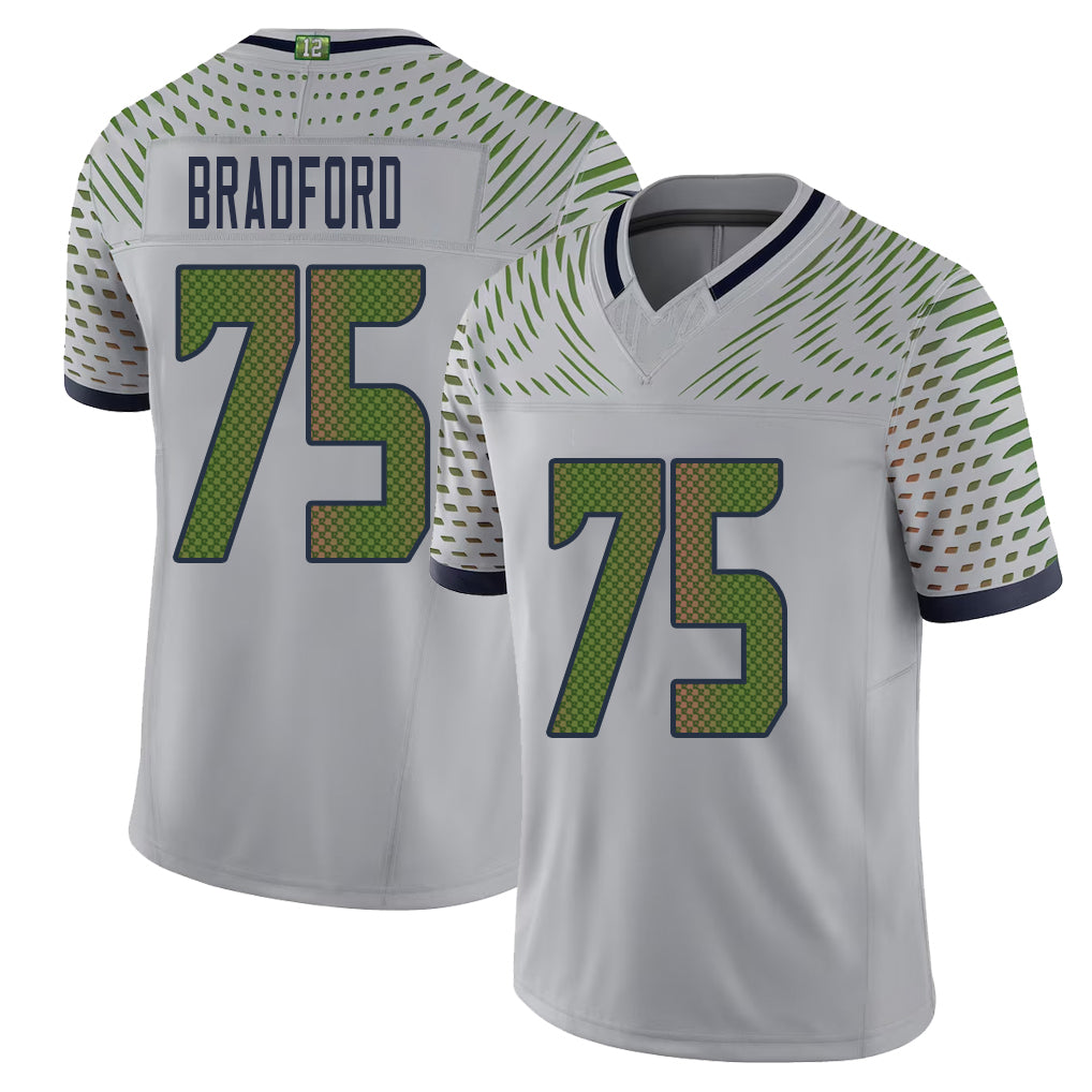 Seattle #75 Bradford Player Football V Neck Short Sleeve Gray Jersey Anthony For Men Youth Women Gift