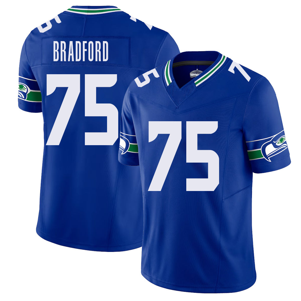 Seattle #75 Bradford Player Football V Neck Short Sleeve Royal Jersey Anthony For Men Youth Women Gift