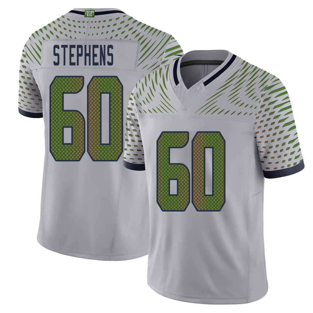 Seattle #60 Stephens Player Football V Neck Short Sleeve Gray Jersey Beau For Men Youth Women Gift