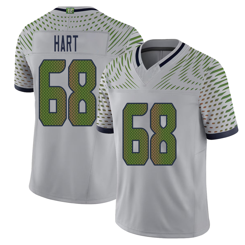 Seattle #68 Hart Player Football V Neck Short Sleeve Gray Jersey Bobby For Men Youth Women Gift