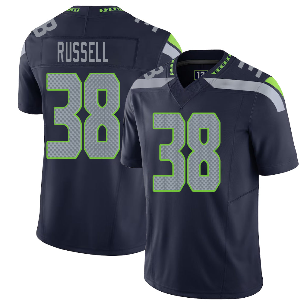 Seattle #38 Russell Player Football V Neck Short Sleeve Navy Jersey Brady For Men Youth Women Gift