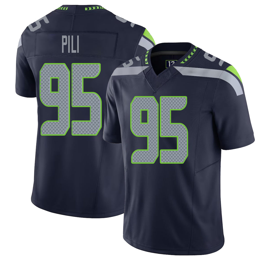 Seattle #95 Pili Player Football V Neck Short Sleeve Navy Jersey Brandon For Men Youth Women Gift