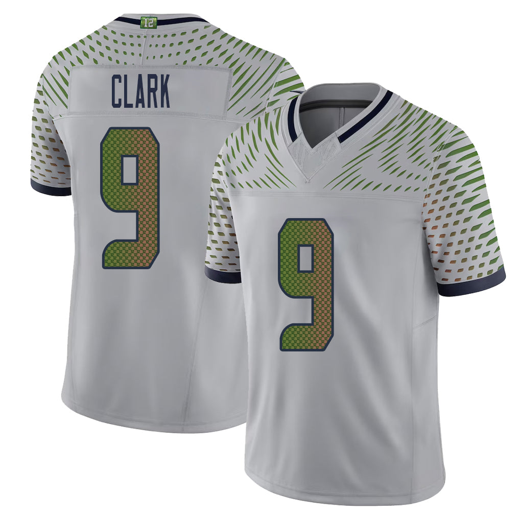Seattle #9 Clark Player Football V Neck Short Sleeve Gray Jersey Bud For Men Youth Women Gift