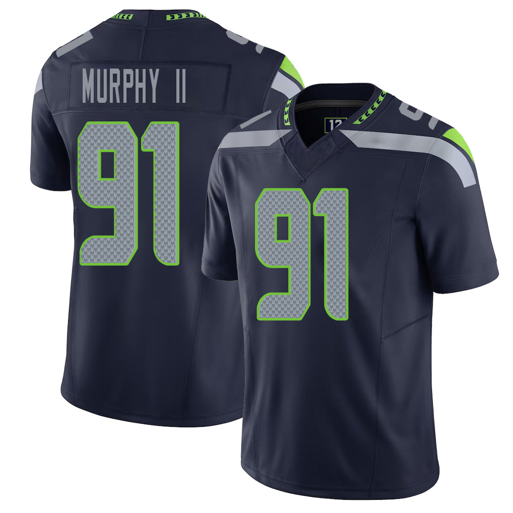 Seattle #91 Murphy II Player Football V Neck Short Sleeve Navy Jersey Byron For Men Youth Women Gift