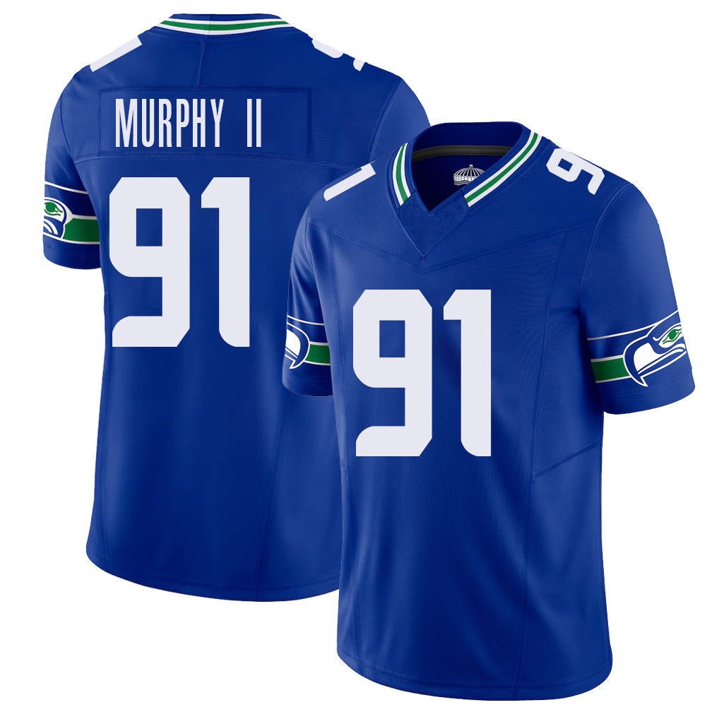 Seattle #91 Murphy II Player Football V Neck Short Sleeve Royal Jersey Byron For Men Youth Women Gift