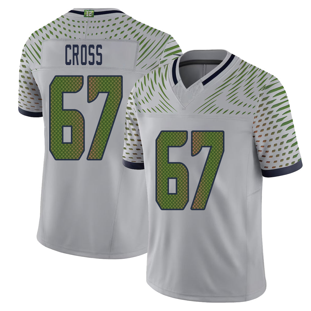 Seattle #67 Cross Player Football V Neck Short Sleeve Gray Jersey Charles For Men Youth Women Gift