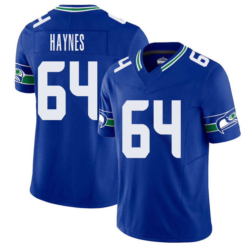 Seattle #64 Haynes Player Football V Neck Short Sleeve Royal Jersey Christian For Men Youth Women Gift