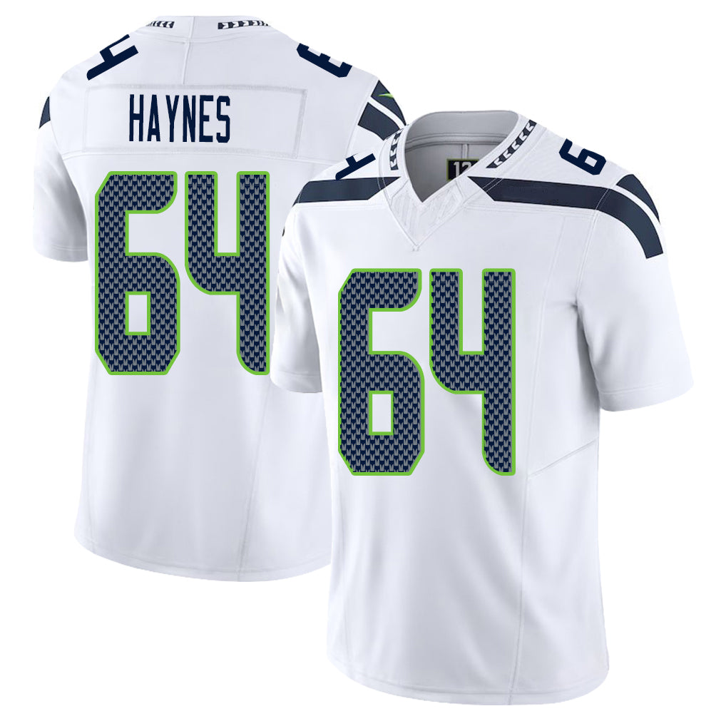 Seattle #64 Haynes Player Football V Neck Short Sleeve White Jersey Christian For Men Youth Women Gift