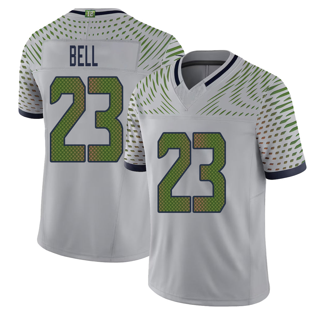 Seattle #23 Bell Player Football V Neck Short Sleeve Gray Jersey D'Anthony For Men Youth Women Gift