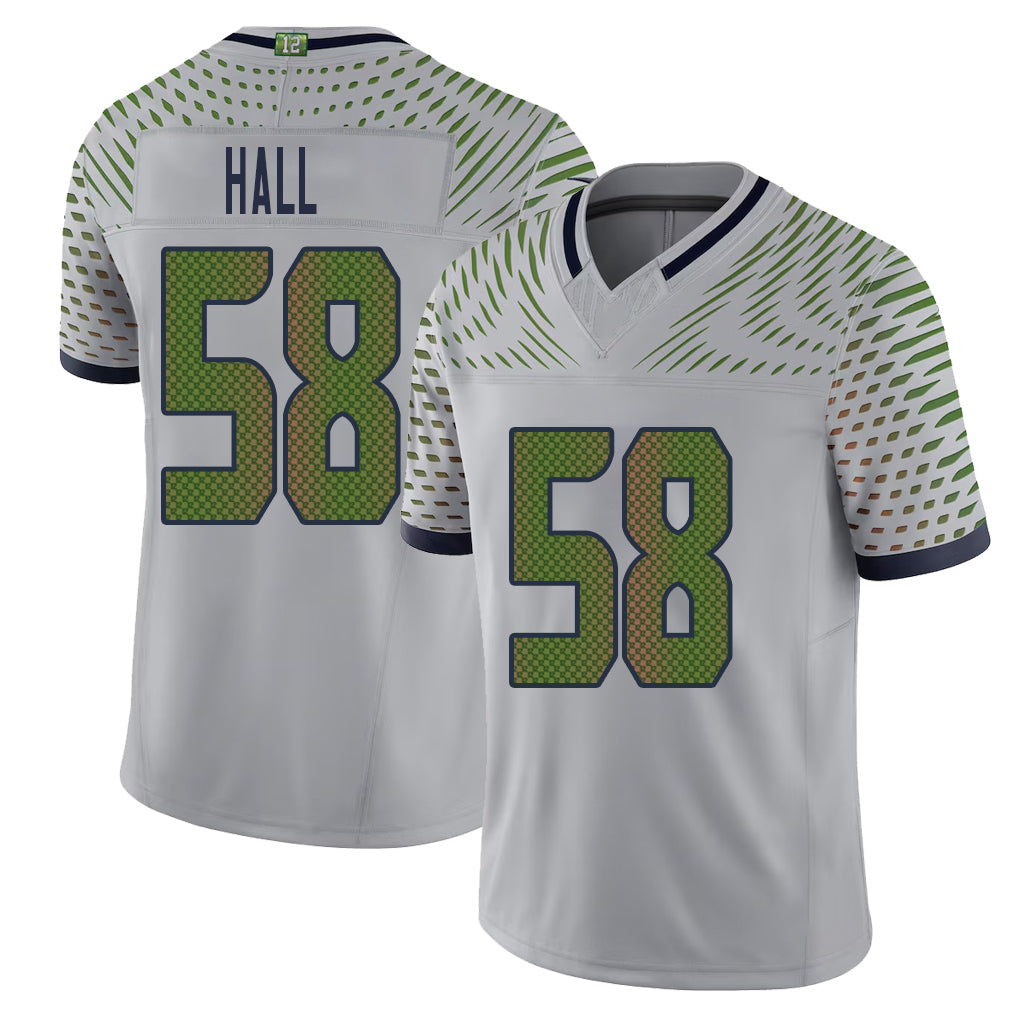 Seattle #58 Hall Player Football V Neck Short Sleeve Gray Jersey Derick For Men Youth Women Gift
