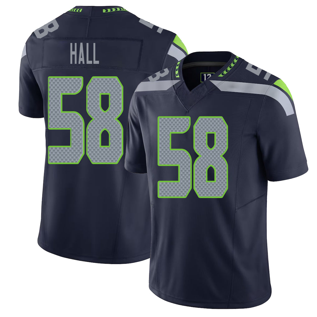 Seattle #58 Hall Player Football V Neck Short Sleeve Navy Jersey Derick For Men Youth Women Gift