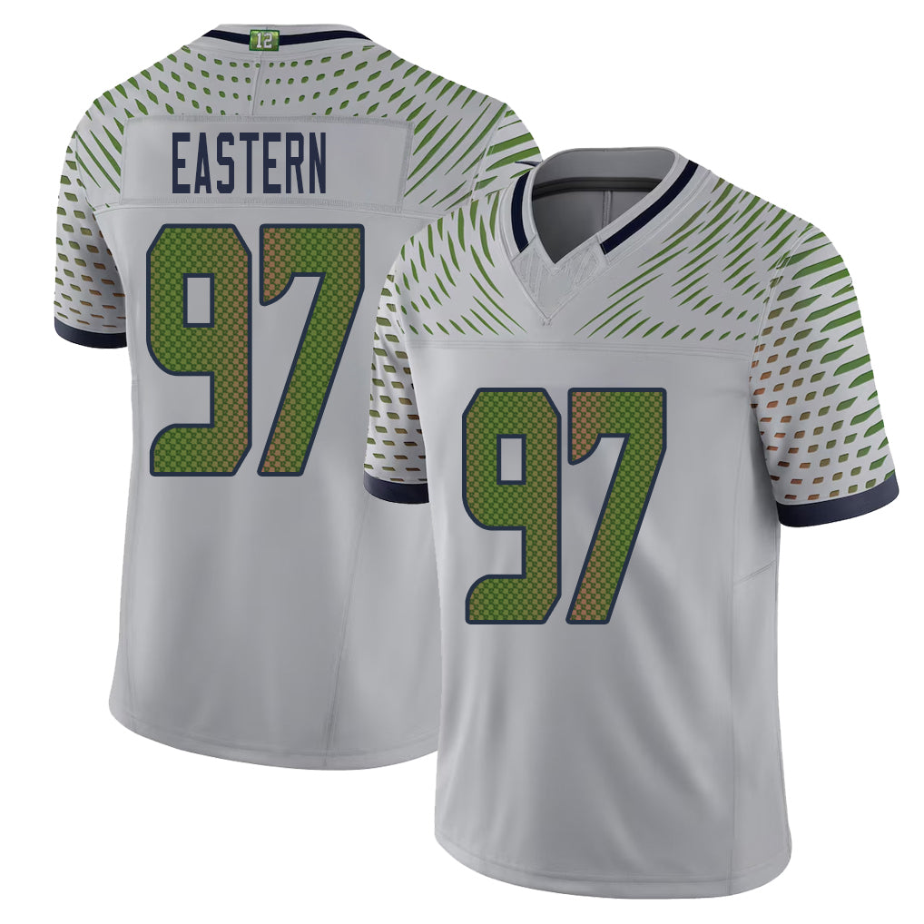 Seattle #97 Eastern Player Football V Neck Short Sleeve Gray Jersey Deven For Men Youth Women Gift