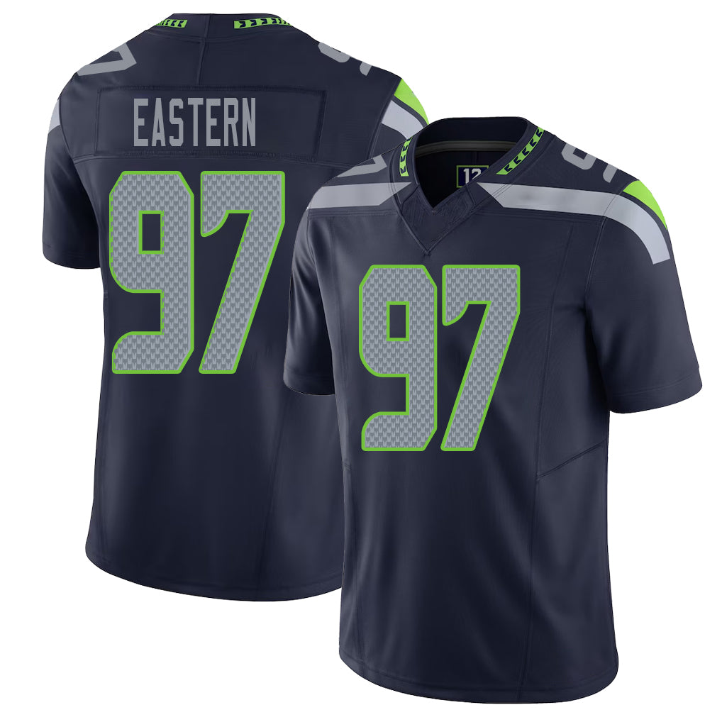 Seattle #97 Eastern Player Football V Neck Short Sleeve Navy Jersey Deven For Men Youth Women Gift