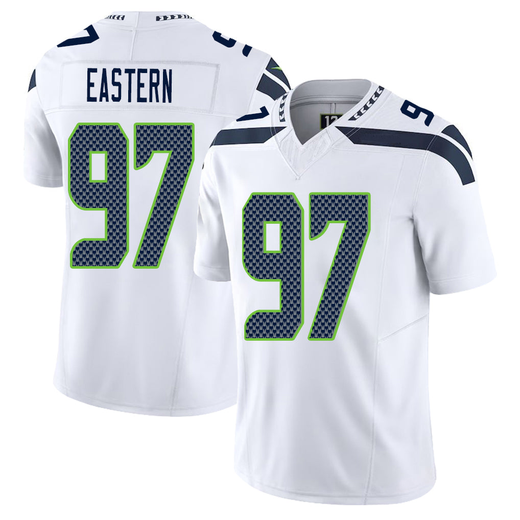 Seattle #97 Eastern Player Football V Neck Short Sleeve White Jersey Deven For Men Youth Women Gift