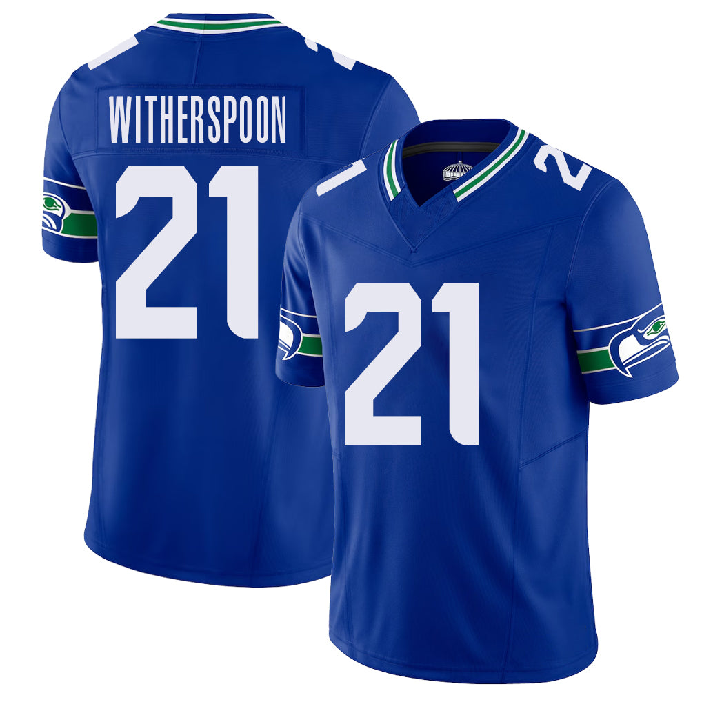 Seattle #21 Witherspoon Player Football V Neck Short Sleeve Royal Jersey Devon For Men Youth Women Gift