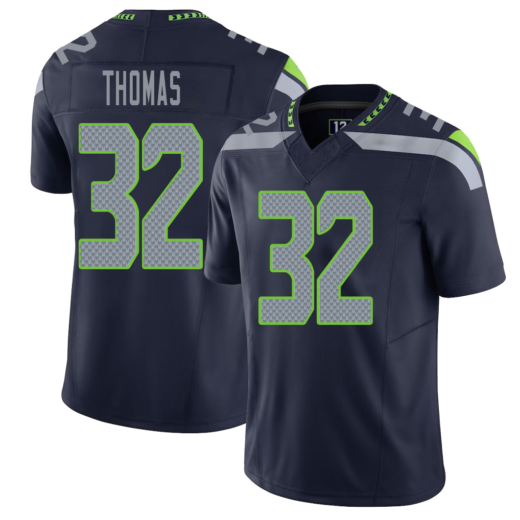 Seattle #32 Thomas Player Football V Neck Short Sleeve Navy Jersey Drake For Men Youth Women Gift