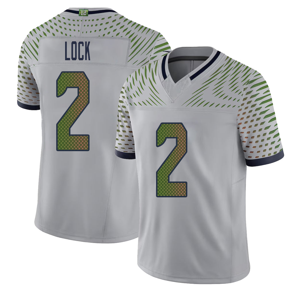 Seattle #2 Lock Player Football V Neck Short Sleeve Gray Jersey Drew For Men Youth Women Gift