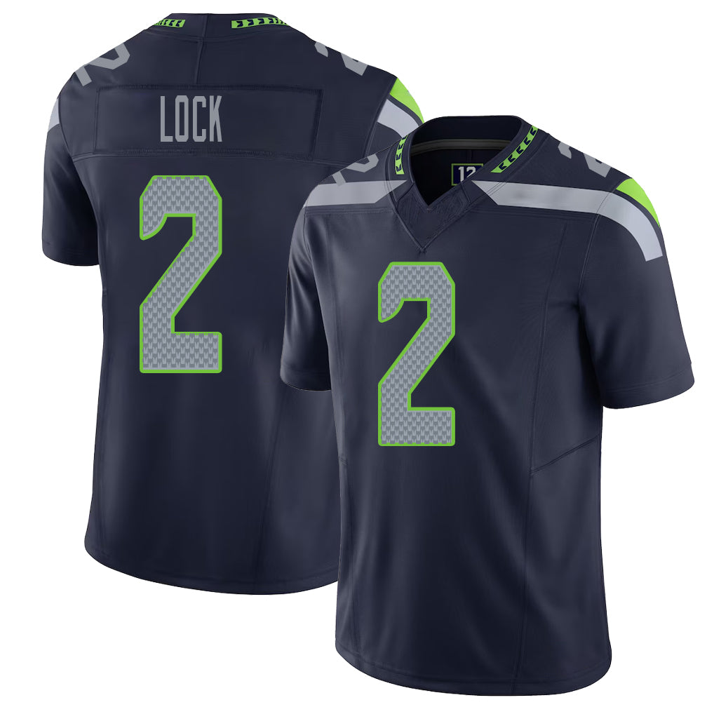 Seattle #2 Lock Player Football V Neck Short Sleeve Navy Jersey Drew For Men Youth Women Gift