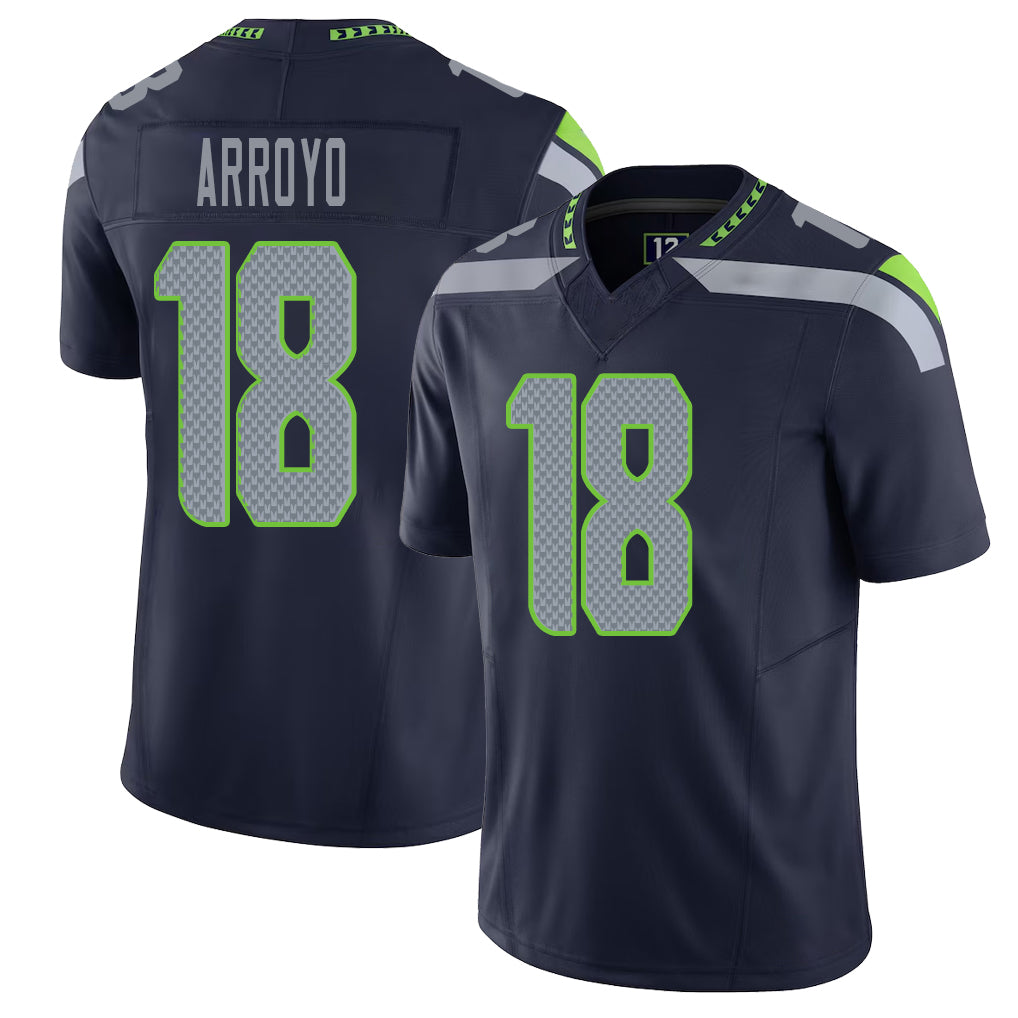 Seattle #18 Arroyo Player Football V Neck Short Sleeve Navy Jersey Elijah For Men Youth Women Gift