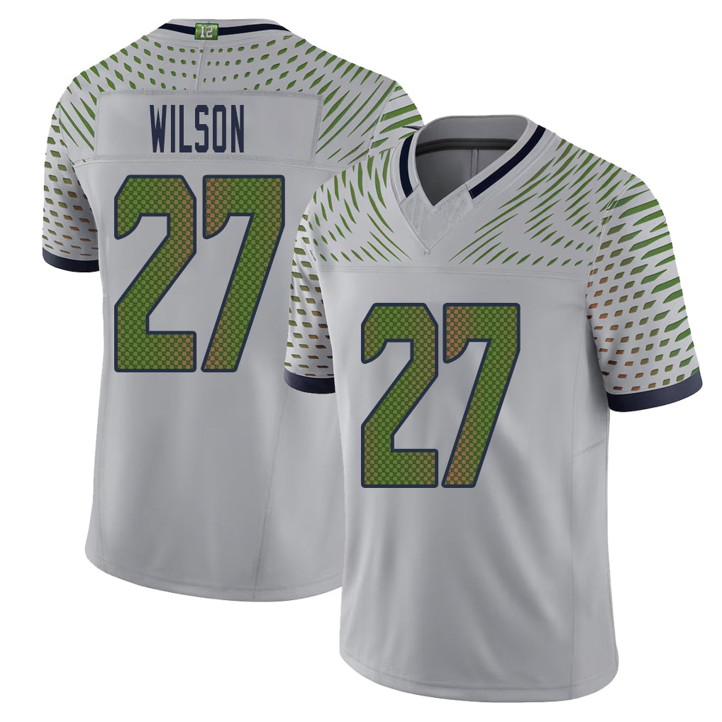 Seattle #27 Wilson Player Football V Neck Short Sleeve Gray Jersey Emanuel For Men Youth Women Gift