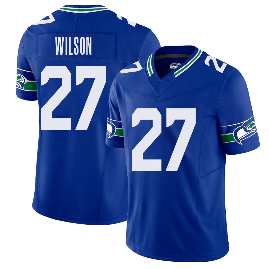 Seattle #27 Wilson Player Football V Neck Short Sleeve Royal Jersey Emanuel For Men Youth Women Gift