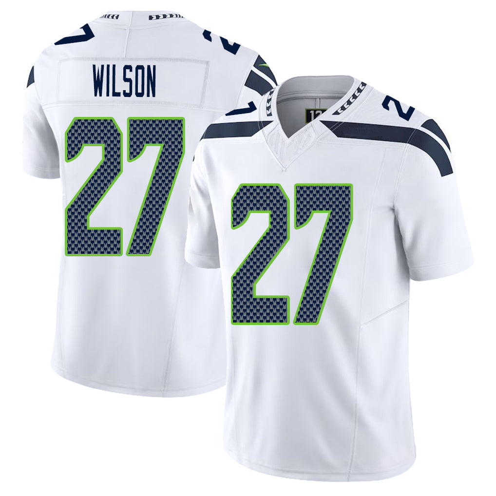 Seattle #27 Wilson Player Football V Neck Short Sleeve White Jersey Emanuel For Men Youth Women Gift