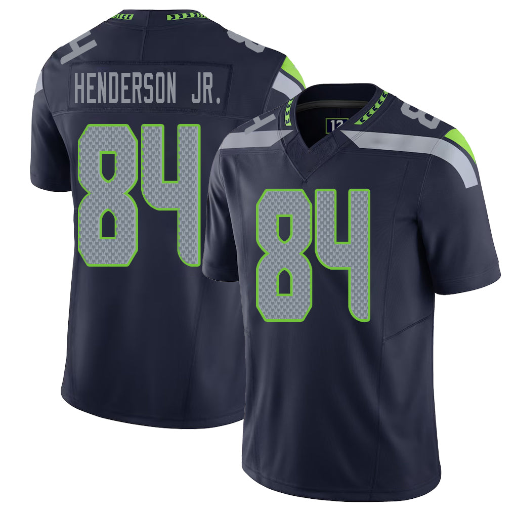 Seattle #84 Henderson Jr. Player Football V Neck Short Sleeve Navy Jersey Emmanuel For Men Youth Women Gift