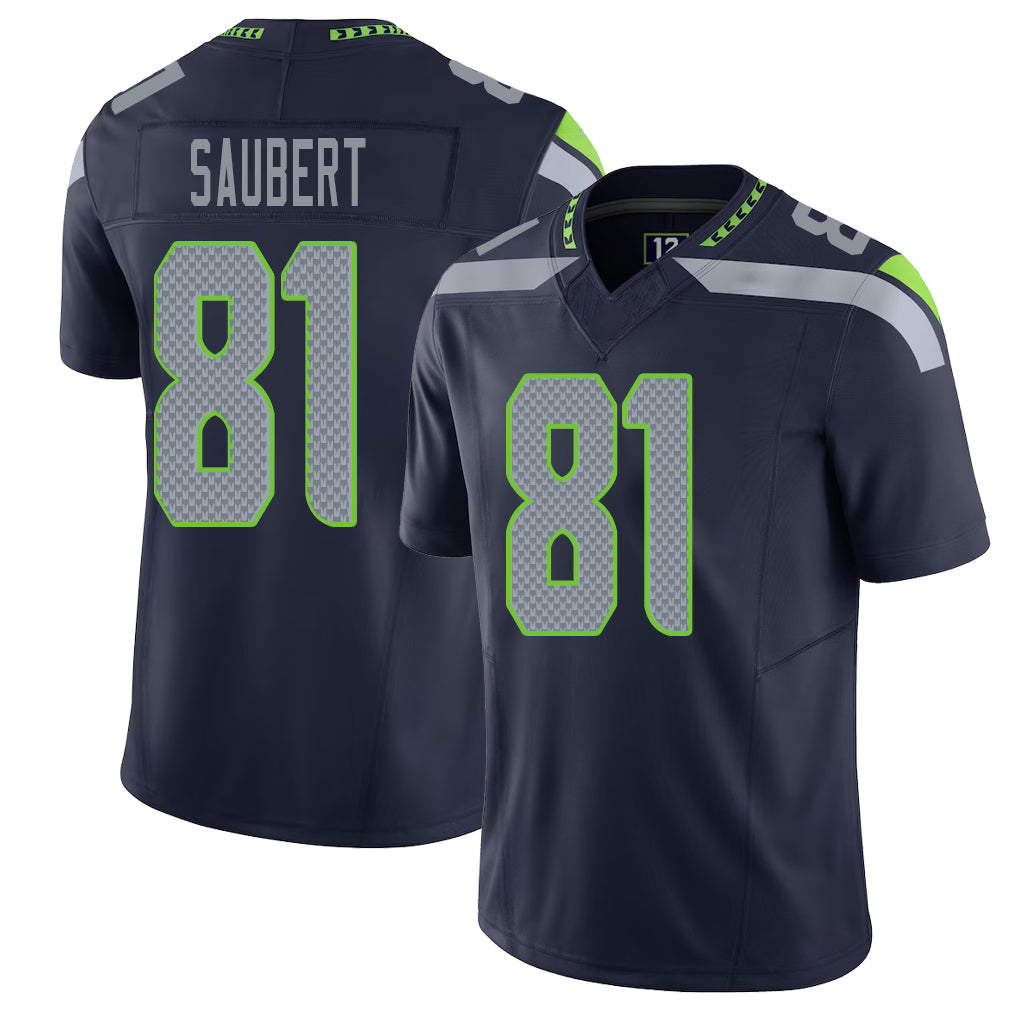 Seattle #81 Saubert Player Football V Neck Short Sleeve Navy Jersey Eric For Men Youth Women Gift