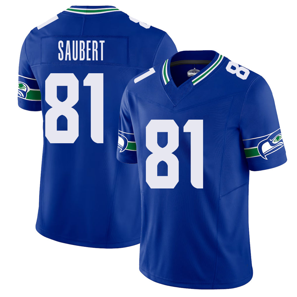 Seattle #81 Saubert Player Football V Neck Short Sleeve Royal Jersey Eric For Men Youth Women Gift