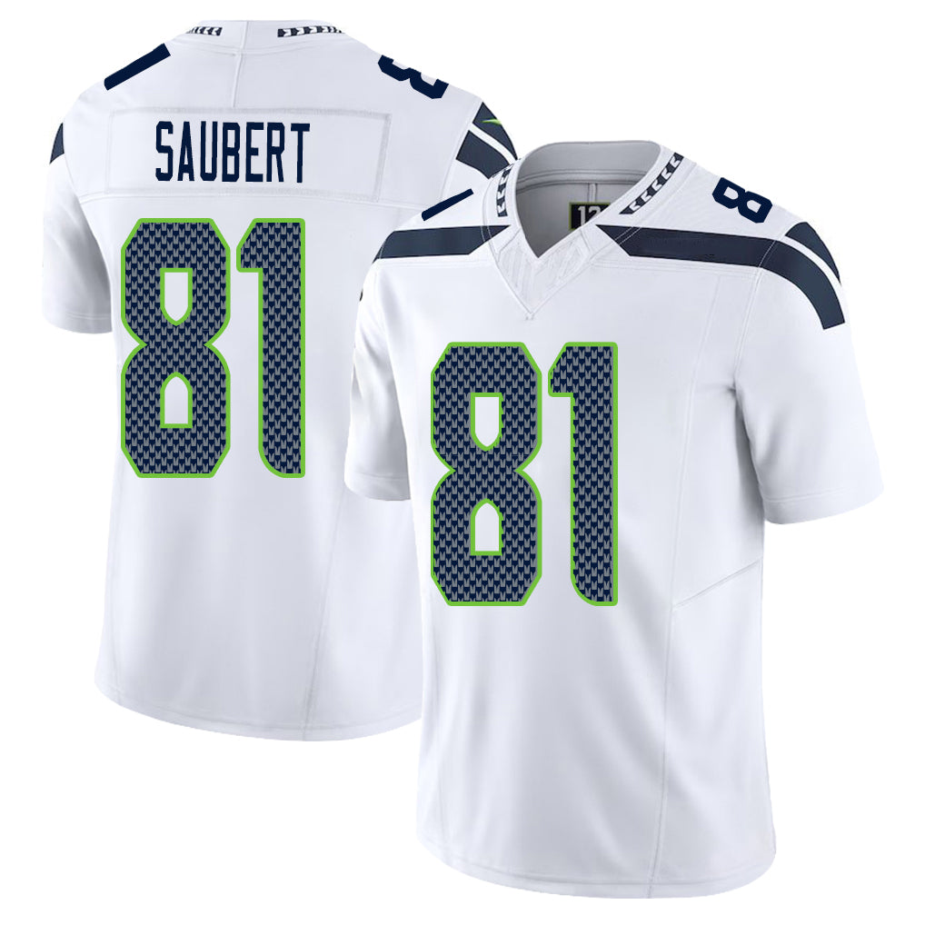Seattle #81 Saubert Player Football V Neck Short Sleeve White Jersey Eric For Men Youth Women Gift