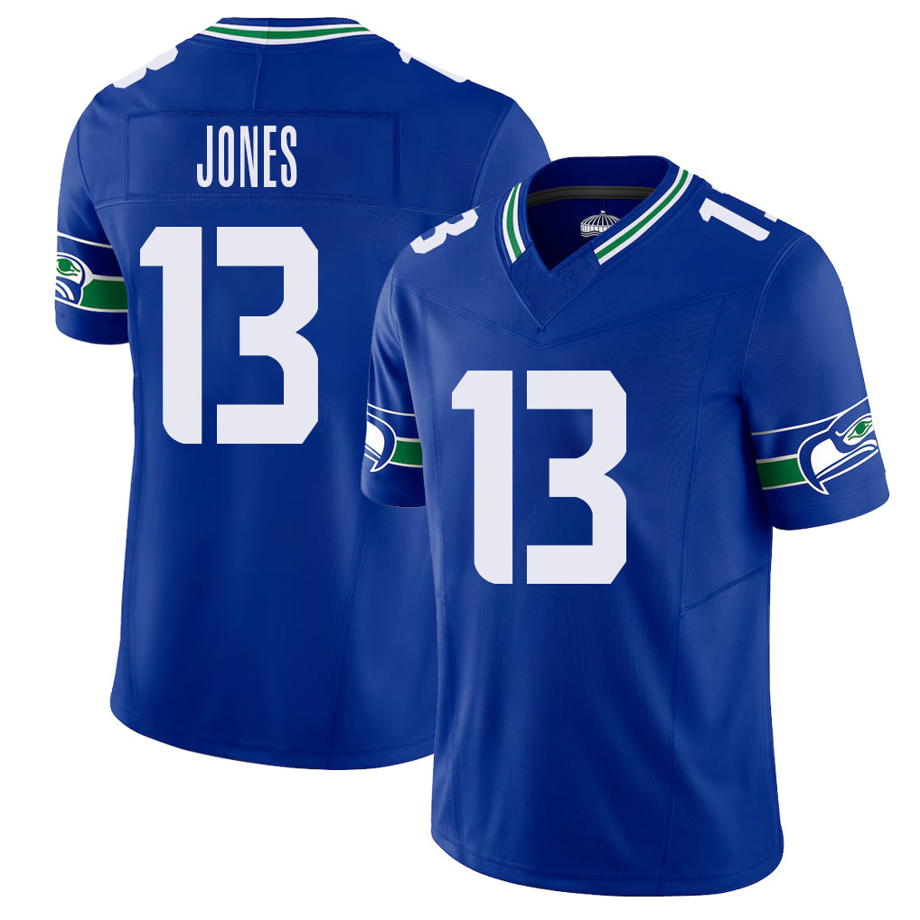 Seattle #13 Jones Player Football V Neck Short Sleeve Royal Jersey Ernest For Men Youth Women Gift
