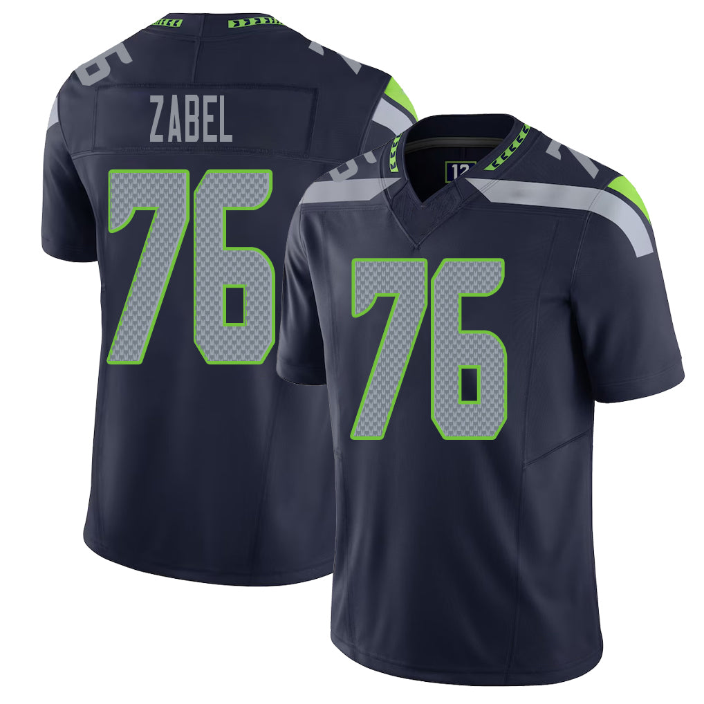 Seattle #76 Zabel Player Football V Neck Short Sleeve Navy Jersey Grey For Men Youth Women Gift