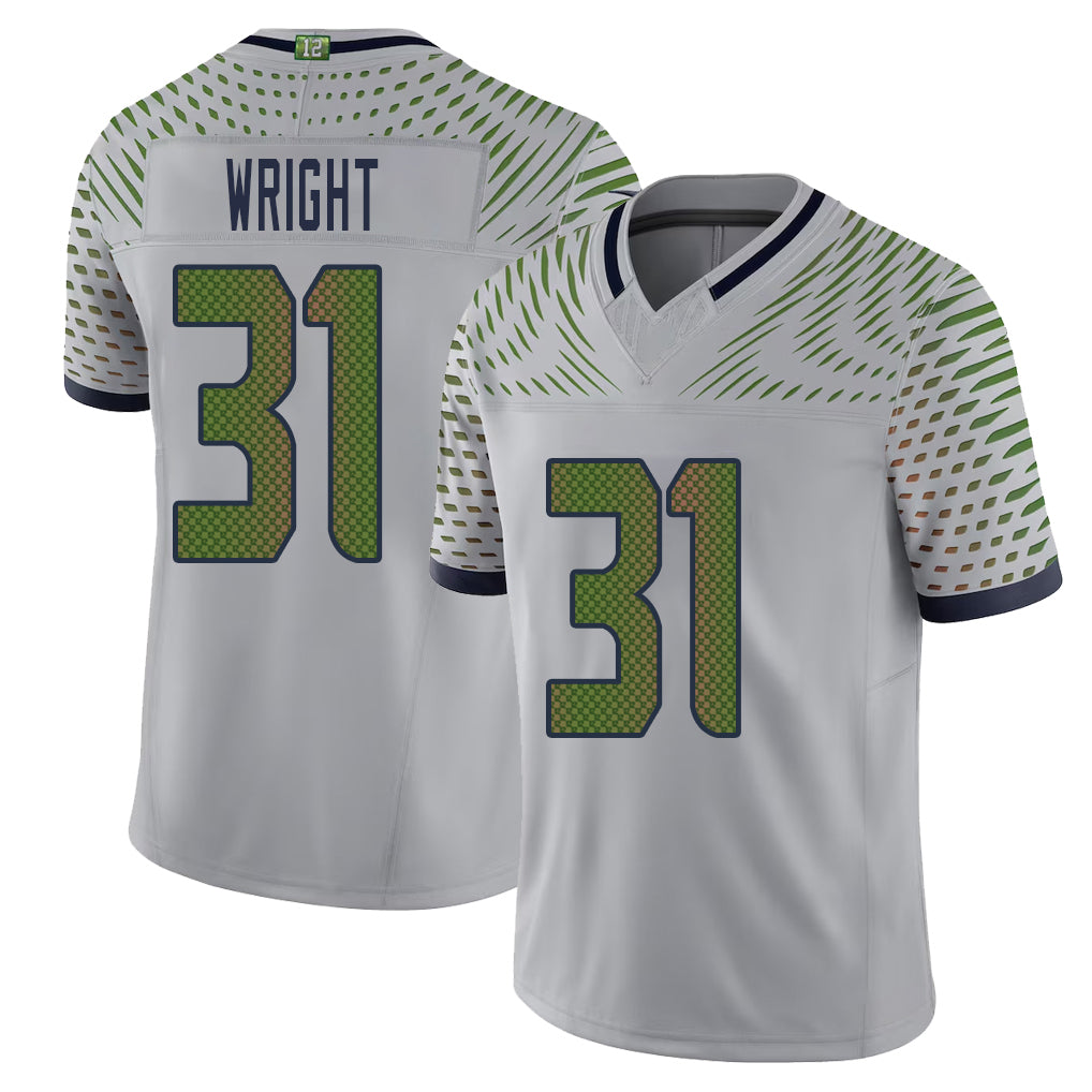 Seattle #31 Wright Player Football V Neck Short Sleeve Gray Jersey Jacardia For Men Youth Women Gift