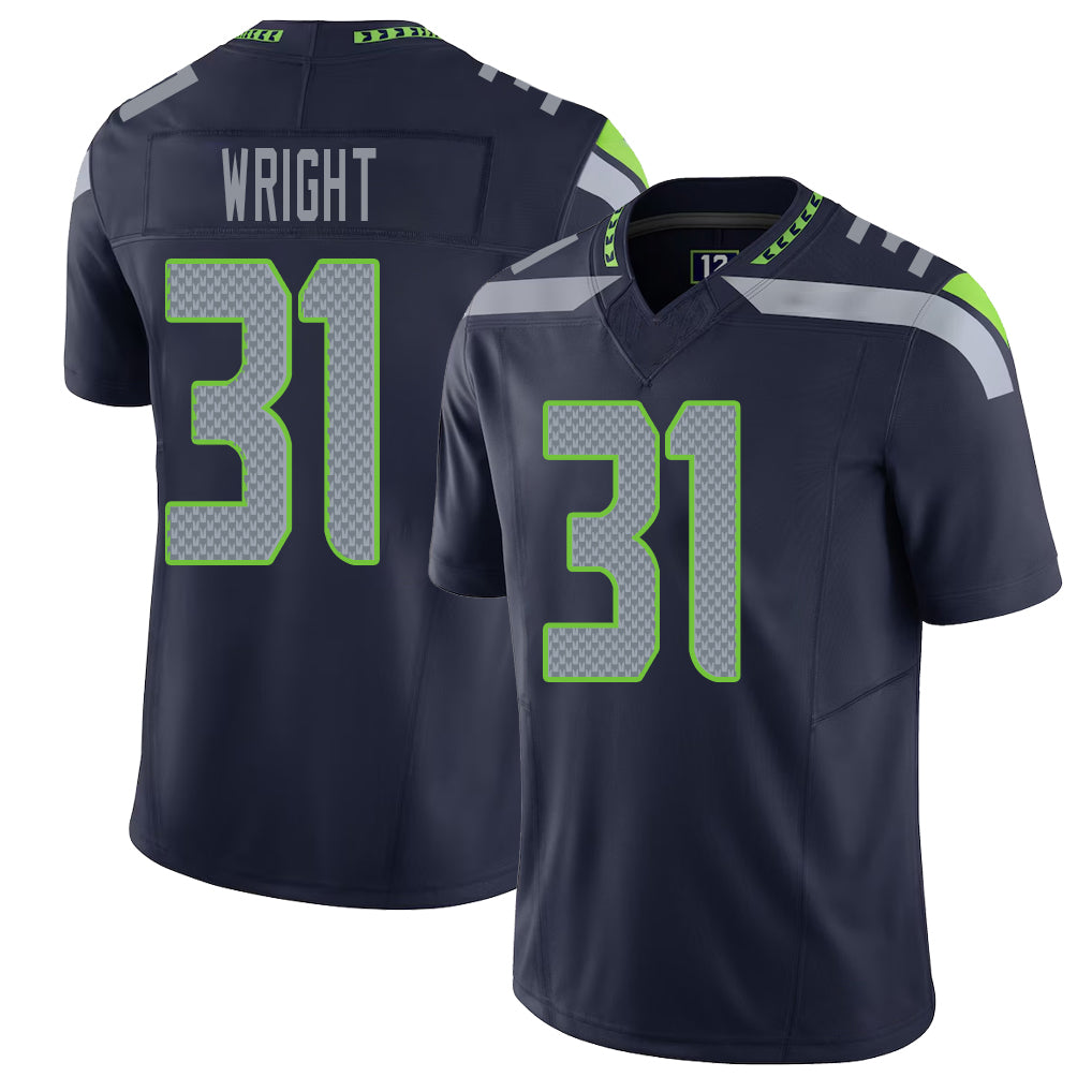 Seattle #31 Wright Player Football V Neck Short Sleeve Navy Jersey Jacardia For Men Youth Women Gift