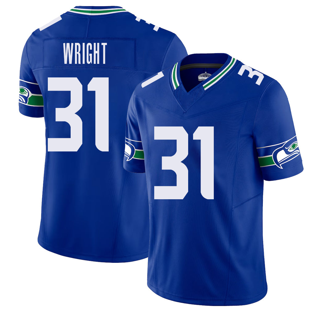 Seattle #31 Wright Player Football V Neck Short Sleeve Royal Jersey Jacardia For Men Youth Women Gift