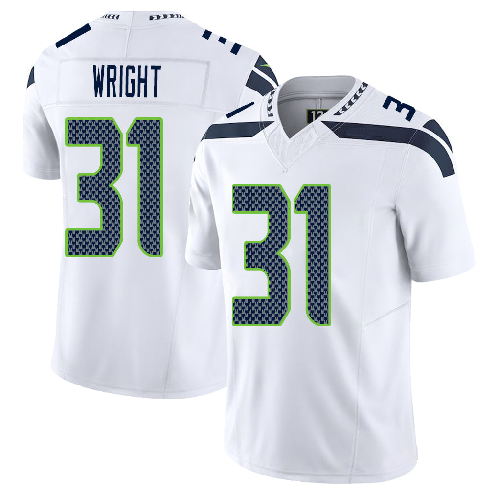 Seattle #31 Wright Player Football V Neck Short Sleeve White Jersey Jacardia For Men Youth Women Gift